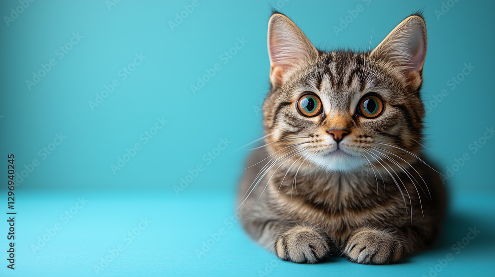 Adorable kitten lounging on a vibrant blue surface showcasing its expressive eyes and playful demeanor Adorable kitten lounging on a vibrant blue surface showcasing its expressive eyes and playful demeanor