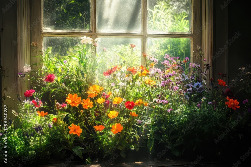 Bright sunlight illuminates a vibrant window box filled with flowers Bright sunlight illuminates a vibrant window box filled with flowers
