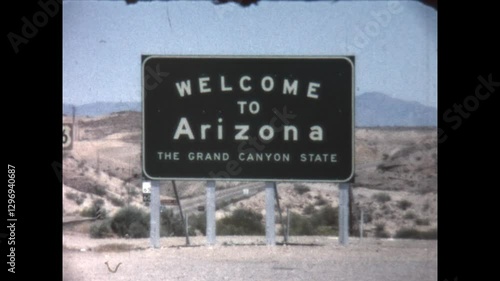 Welcome to Arizona 1963 - A sign on US Route 66 welcomes drivers from California to Arizona, in 1963. 