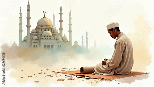 Portrait of a man, praying. Concept, Ramadan holiday, template, copy space.