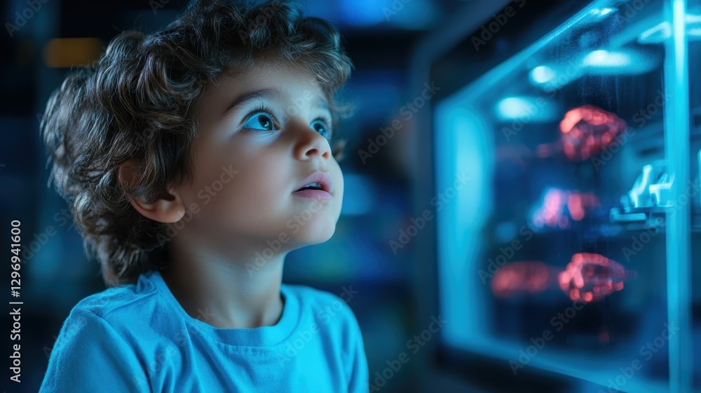 A curly-haired boy stares intently at a glowing marine life display, his face illuminated by the enchanting blue light, capturing a moment of pure wonder and joy. A curly-haired boy stares intently at a glowing marine life display, his face illuminated by the enchanting blue light, capturing a moment of pure wonder and joy.