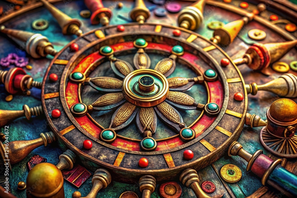 Obraz premium Vintage Nautical Game Totem: Macro Wheel, Anchor, Compass, Clock & Ship Details