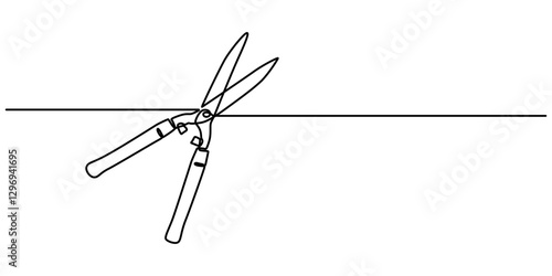 Gardening Hedge Trimmers Line Drawing with Editable Stroke and Color Elements, hedge clippers continuous one line drwing off white background, minimalist design concept pro style. vector illustration.