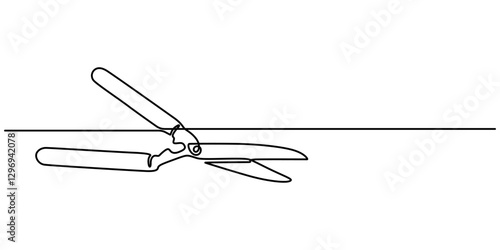 Gardening Hedge Trimmers Line Drawing with Editable Stroke and Color Elements, hedge clippers continuous one line drwing off white background, minimalist design concept pro style. vector illustration.