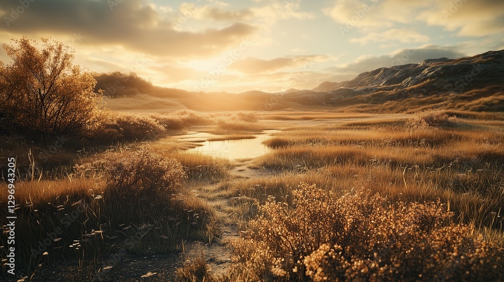 Obraz premium Tranquil Wetland Scenery: Golden Reeds, Winding Stream, and Sunlit Mountains with Warm, Soft Light