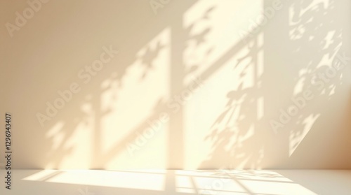 Minimalistic abstract gentle light beige background for product presentation with light andand intricate shadow from the window and vegetation on wall.
