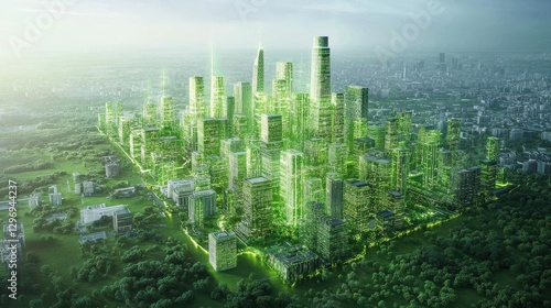 Fototapeta Naklejka Na Ścianę i Meble -  Smart city powered by AI and green energy, glowing visuals
