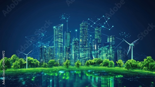 Fototapeta Naklejka Na Ścianę i Meble -  Smart city powered by AI and green energy, glowing visuals