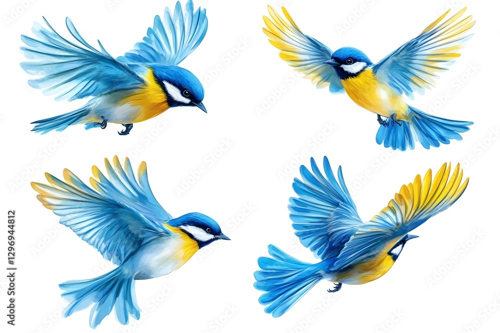 Obraz premium Collection set of flying blue and yellow birds.