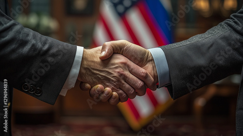 Two individuals engage in a formal handshake in front of flags symbolizing international relations and diplomacy