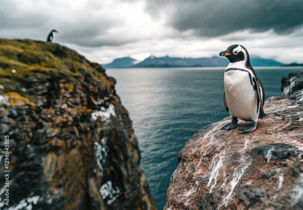 Fototapeta premium Majestic Penguin Standing on Rocky Cliff with Ocean View and Dramatic Clouds in Background, Seaside Landscape in Remote Location