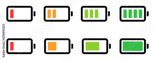 Battery level icon set showing charging progress from low to full with red, orange, and green indicators. Flat design, ideal for UI, mobile apps, and energy status visuals. Battery, icon.
