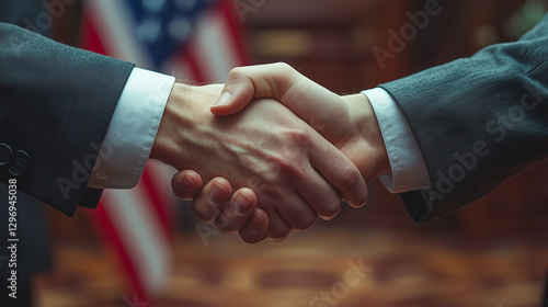 Two individuals engage in a handshake during a formal meeting in front of an American flag