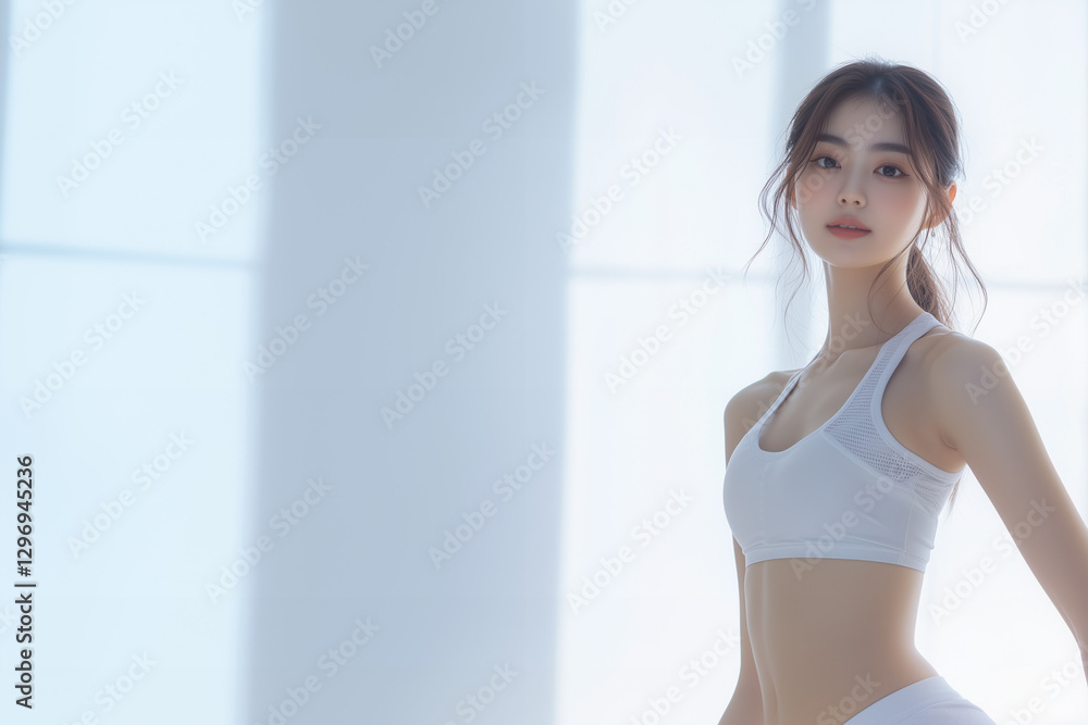 Beautiful young Asian woman in white sportswear, natural beauty, fresh and healthy look, fitness lifestyle, soft morning light, elegant pose, minimal aesthetic, wellness and active lifestyle Beautiful young Asian woman in white sportswear, natural beauty, fresh and healthy look, fitness lifestyle, soft morning light, elegant pose, minimal aesthetic, wellness and active lifestyle
