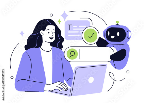 Search concept. Character using artificial intelligence generative tools for searching or browsing internet. Woman integrating with robot. SEO concept. Vector illustration.