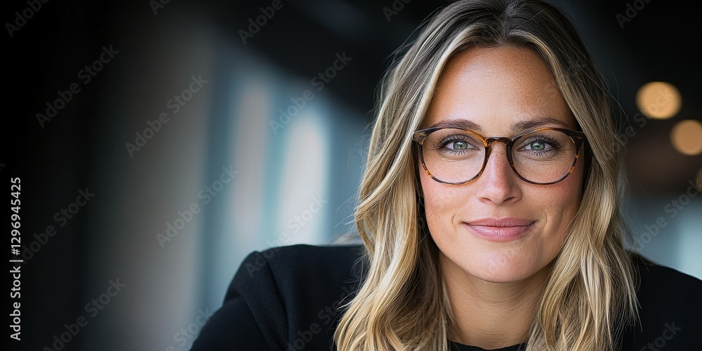 Naklejka premium A confident woman with long, wavy hair and stylish glasses is smiling while seated in a contemporary office. The background has soft lighting and a blurred effect, creating a warm atmosphere