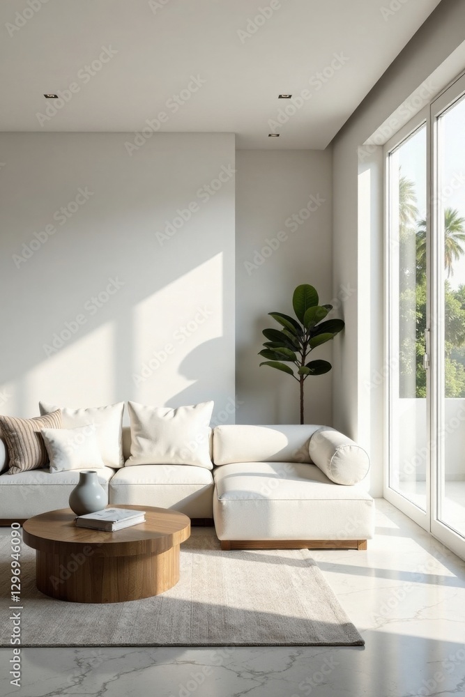 Fototapeta premium Serene Minimalist Living Room Design with Sunlight Streaming Through Large Windows, Emphasizing Clean Lines and Neutral Tones, Creating a Peaceful and Inviting Atmosphere