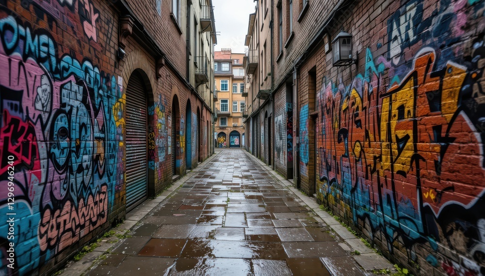 Fototapeta premium Vibrant graffiti art urban alleyway photography rainy environment street perspective creative expression
