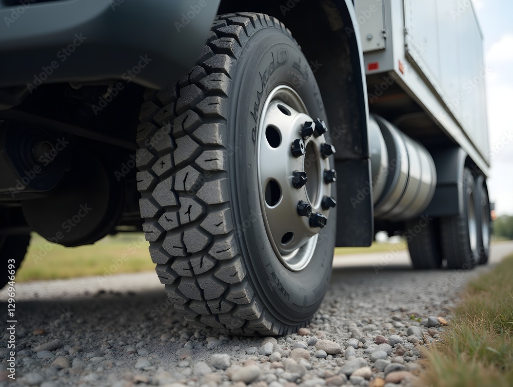 Close up of trucks wheel on gravel road highlighting vehicles robust design and surrounding environment Close up of trucks wheel on gravel road highlighting vehicles robust design and surrounding environment