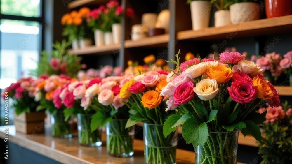Fototapeta premium arrangements and bouquets of fresh flowers, pink roses, flower shop interior, a pleasant gift
