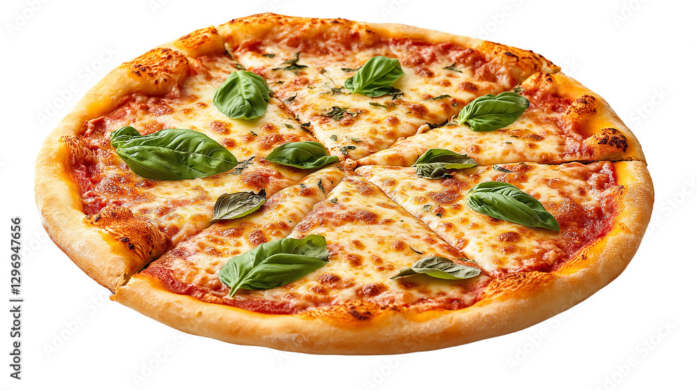 Classic pizza with golden crust, mozzarella cheese, and fresh basil leaves, Italian-style dish, isolated on white background, PNG format, top view Classic pizza with golden crust, mozzarella cheese, and fresh basil leaves, Italian-style dish, isolated on white background, PNG format, top view