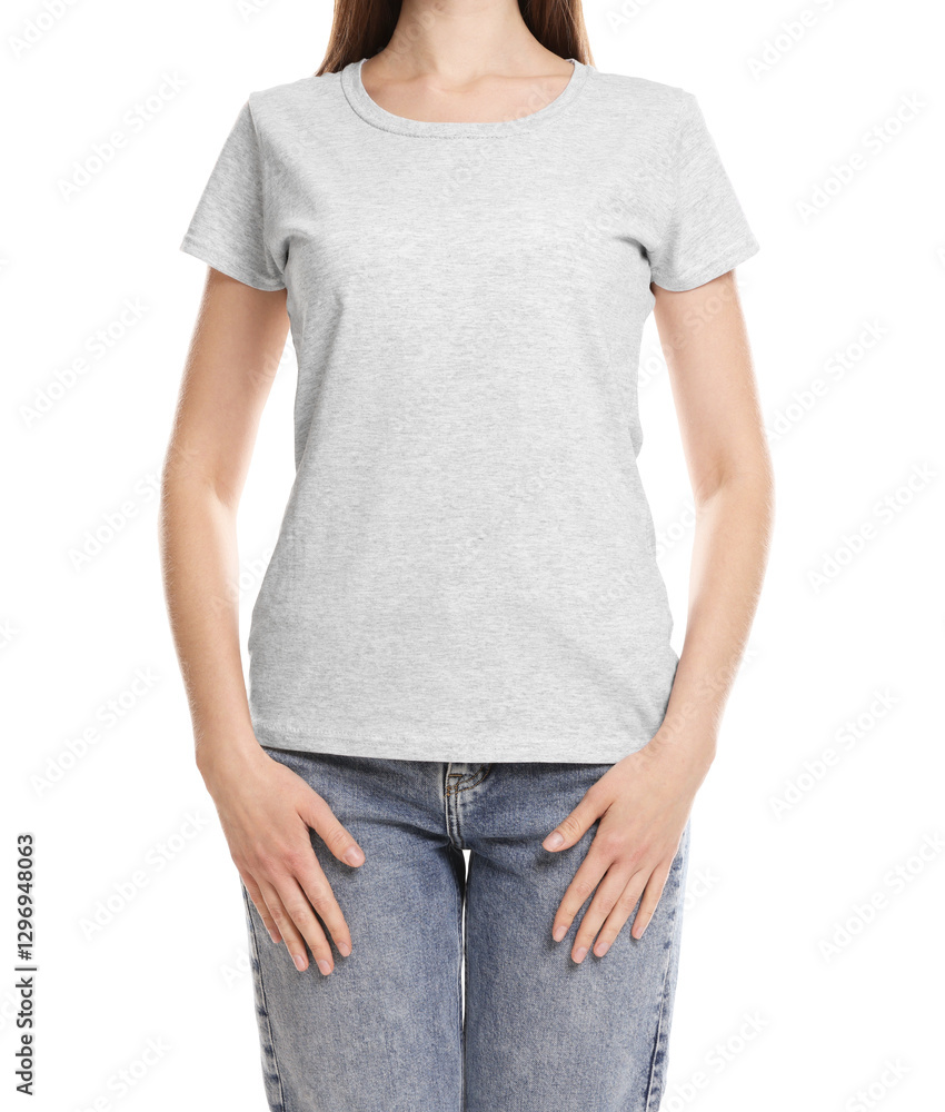 Obraz premium Woman wearing blank t-shirt on white background, closeup. Mockup for design