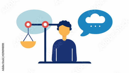 Thought Bubble with Weighing Scale A person with a thought bubble filled with various negative thoughts using a scale to weigh them against positive thoughts to showcase the