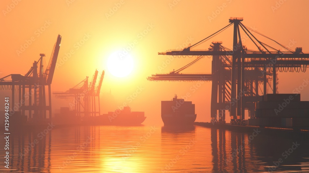Fototapeta premium Golden Hour at the Port: Container Ships and Cranes at Sunset