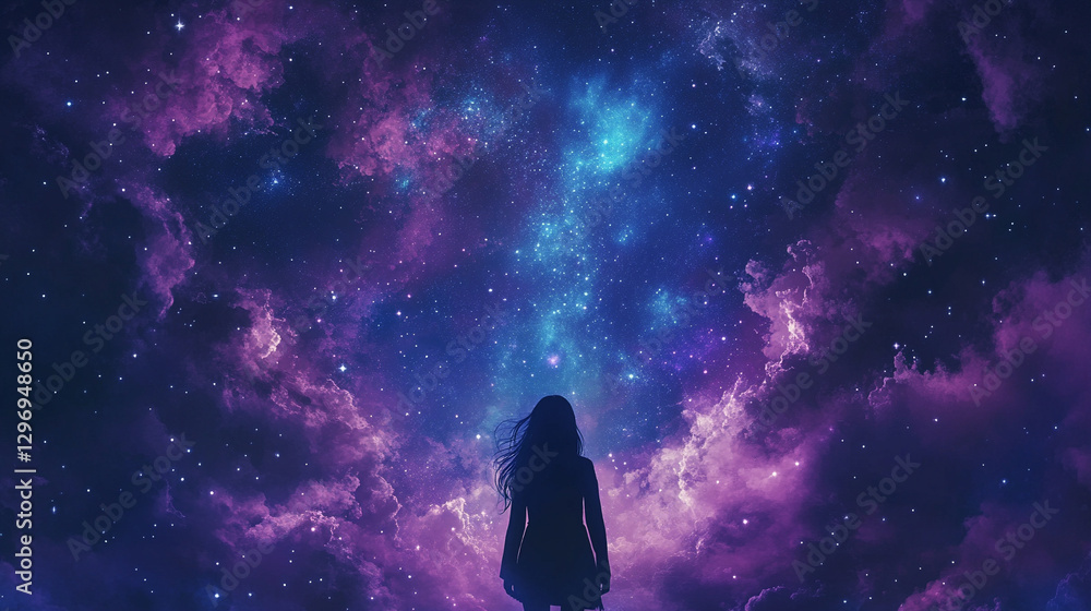 On the summit, a silhouette of a dreamer gazes upward into the vast heavens, filled with countless stars, bathed in the cosmic dance of vibrant hues, symbolizing wonder, infinity, and exploration.
On the summit, a silhouette of a dreamer gazes upward into the vast heavens, filled with countless stars, bathed in the cosmic dance of vibrant hues, symbolizing wonder, infinity, and exploration.