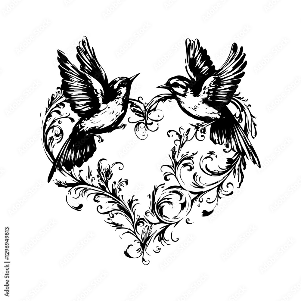 Obraz premium Love Bird Vector Illustration, Heart Shaped Bird Logo, Nature-Inspired Ornament, Romantic Bird Design, Floral Bird Clipart, Wedding Symbol, Elegant Love Icon