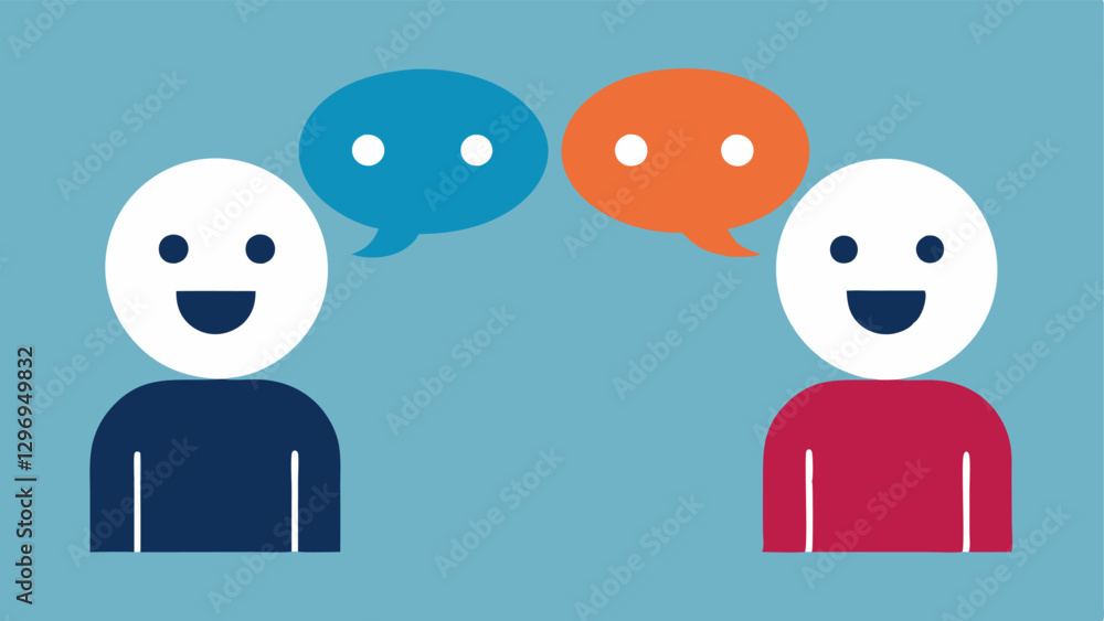Two People Talking Two figures facing each other with speech bubbles containing different emojis smiley frown surprised to depict open communication and empathy. Two People Talking Two figures facing each other with speech bubbles containing different emojis smiley frown surprised to depict open communication and empathy.