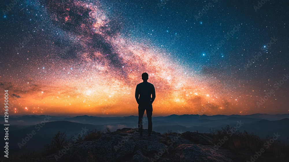 On the summit, a silhouette of a dreamer gazes upward into the vast heavens, filled with countless stars, bathed in the cosmic dance of vibrant hues, symbolizing wonder, infinity, and exploration.
On the summit, a silhouette of a dreamer gazes upward into the vast heavens, filled with countless stars, bathed in the cosmic dance of vibrant hues, symbolizing wonder, infinity, and exploration.