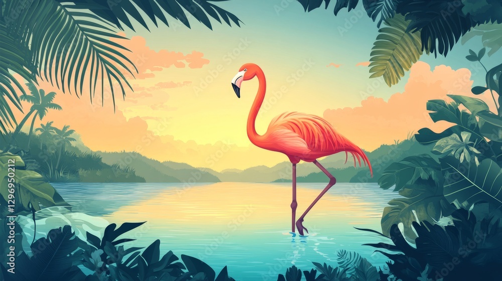 Fototapeta premium Flamingos in a Tropical Paradise Sunset