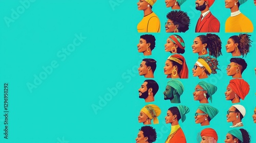 Diverse people profiles, teal background, social awareness, illustration, stock photo