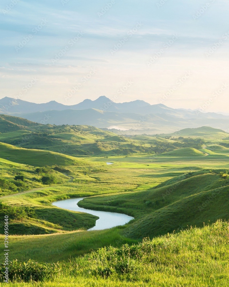 Fototapeta premium Serene river flowing through rolling hills scenic landscape nature tranquil environment aerial view