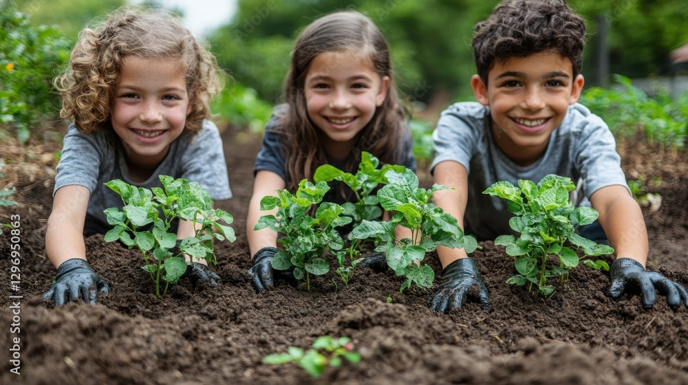 Children planting in a garden, smiling and working together. Children planting in a garden, smiling and working together.