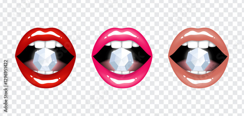 Beautiful female lips hold white crystal. Set of vector isolated illustrations on transparent backgroun