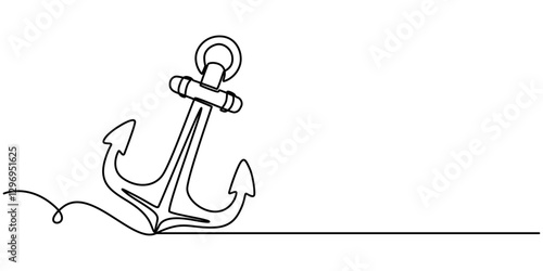 Ship anchor continuous line drawing and minimalist style isolate outline vector icon, Continuous line drawing of sea anchor, Large sea anchor of the ship. Set of sea ocean elements. pro concept style.