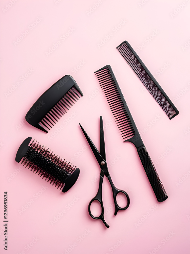 Professional black comb and scissors. Hairdresser tools on a pink pastel background. Flat lay, copyspace Professional black comb and scissors. Hairdresser tools on a pink pastel background. Flat lay, copyspace