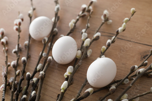 Fresh farm eggs in carton box on wooden table. Eggs in egg boxes
