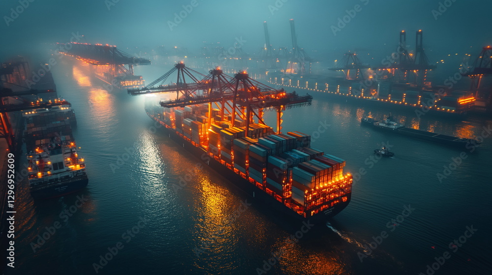 A container ship at night illuminated by powerful _002 A container ship at night illuminated by powerful _002