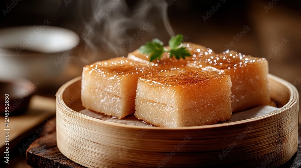 Deliciously steamed rice cake squares topped with a fresh herb sprig, offering a warm, inviting look with soft textures and steam wafting up for an appetizing visual. Deliciously steamed rice cake squares topped with a fresh herb sprig, offering a warm, inviting look with soft textures and steam wafting up for an appetizing visual.