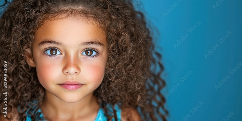 Fototapeta premium A young girl with beautiful curly hair stands confidently in front of a solid blue background, her bright eyes shining with curiosity and innocence. Her expression is joyful and inviting