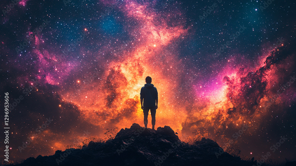 Fototapeta premium On the summit, a silhouette of a dreamer gazes upward into the vast heavens, filled with countless stars, bathed in the cosmic dance of vibrant hues, symbolizing wonder, infinity, and exploration.