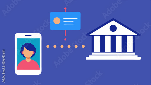 Secure LogIn A splitscreen showing a traditional bank with a long queue versus a person using facial recognition to log into a neobank app quickly and easily.