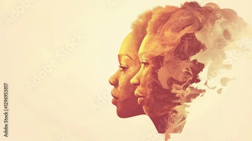 Abstract portrait of two women, profile view, soft light, artistic style, possible use in a magazine or online art gallery