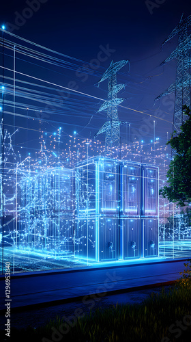 The power grid, including substations and transformers, neatly arranged on a blue digital background

