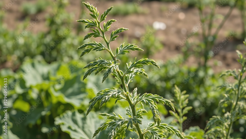 Fototapeta premium Fresh asparagus plant standing tall in a vibrant garden showcasing lush green fern like leaves under the warmth of the sun