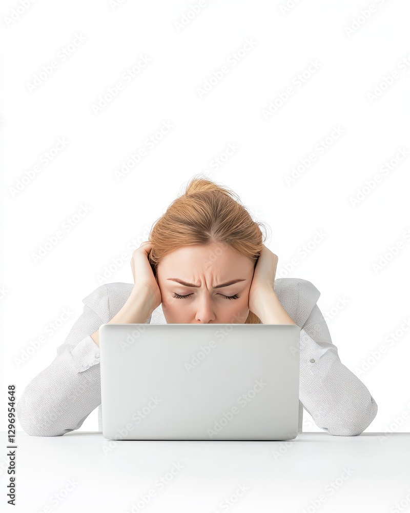 Stressed woman working on a laptop, holding her head in frustration. Isolated on white background, emphasizing digital stress and tension. Stressed woman working on a laptop, holding her head in frustration. Isolated on white background, emphasizing digital stress and tension.