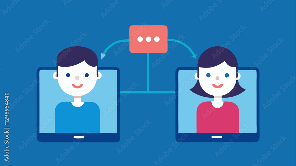 Video Call Connection Two characters on opposite sides of the illustration each holding a mobile device showing the others face on a video call. Theyre smiling symbolizing the use Video Call Connection Two characters on opposite sides of the illustration each holding a mobile device showing the others face on a video call. Theyre smiling symbolizing the use